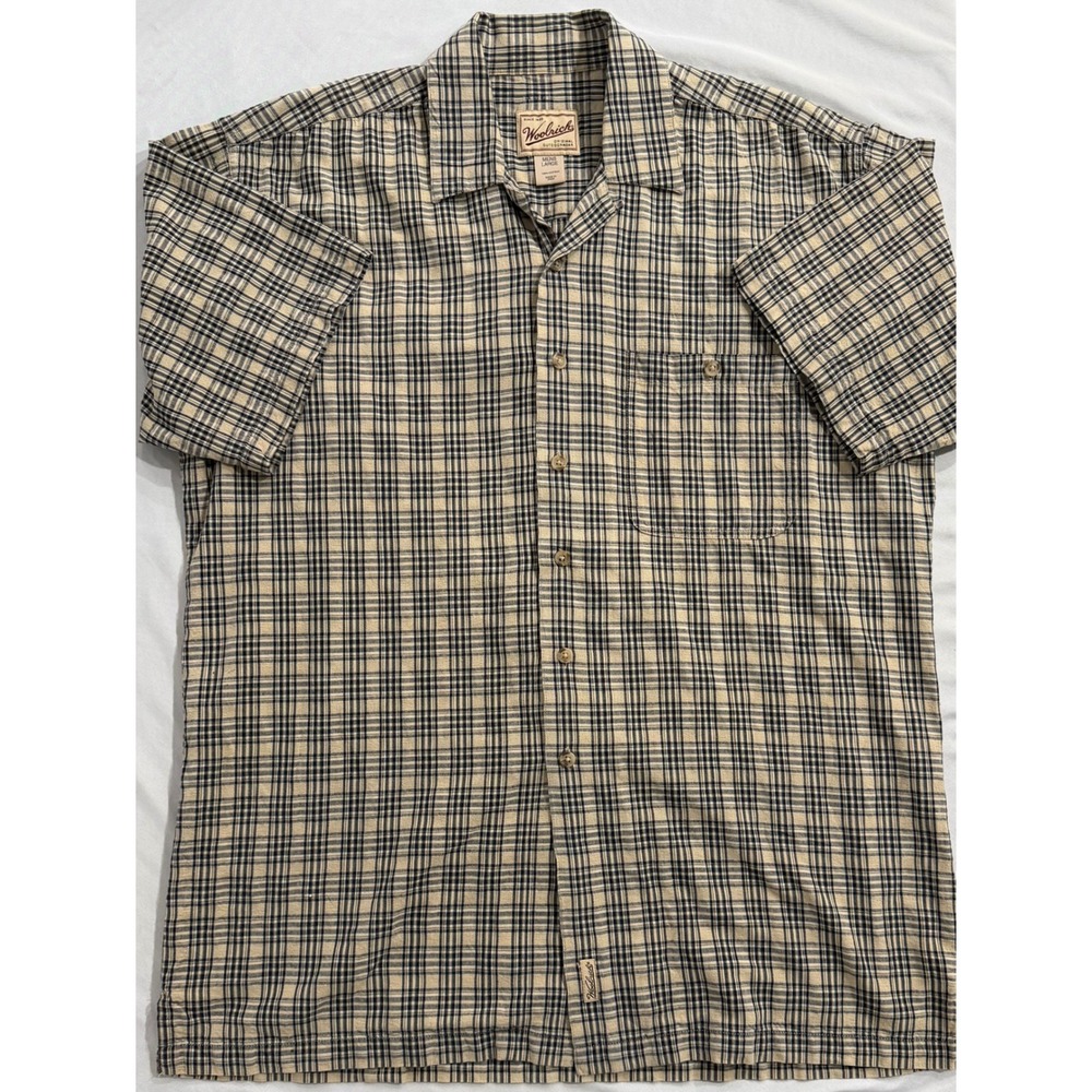 Woolrich Mens Large Tan Navy Plaid Short Sleeve Cotton Button Down Shirt Pocket